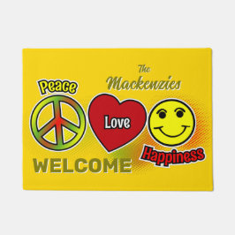 Peace Liebe Happiness Symbols FAMILY Name YELLOW Fußmatte