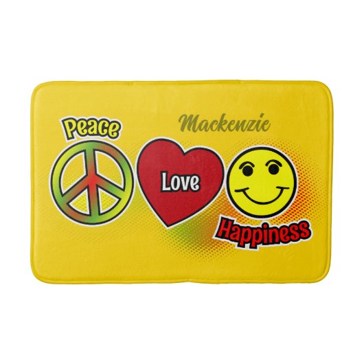 Peace Liebe Happiness Symbols mit Name auf YELLOW Badematte (Vorderseite)