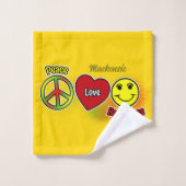 Peace Liebe Happiness Symbols mit Name auf YELLOW Badhandtuch Set (Waschlappen)