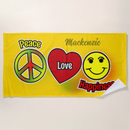 Peace Liebe Happiness Symbols mit Name auf YELLOW Strandtuch