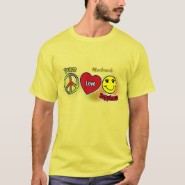 Peace Liebe Happiness Symbols mit Name auf YELLOW T-Shirt