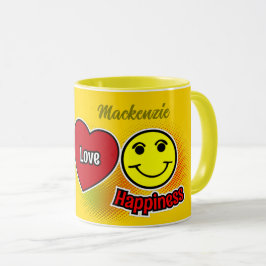 Peace Liebe Happiness Symbols mit Name auf YELLOW Tasse