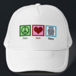 Peace Liebe Hippos Niedlich Hippo Truckerkappe<br><div class="desc">Ein Friedensschild,  ein Herz und ein niedlicher Hippo auf einem lustigen Hut für ein hippos Maskottteam. Ich Liebe bezaubernd,  chubby Tiere. Frieden Liebe Hippos.</div>