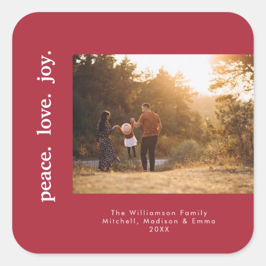 Peace Liebe Joliday Weihnachten Foto Quadratischer Aufkleber (Vorderseite)