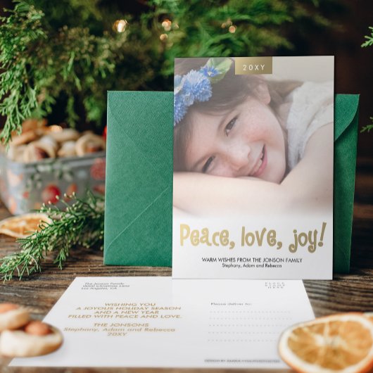 Peace Liebe Joy Custom Foto Moderne Xmas Postkarte