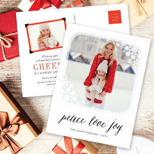 Peace Liebe Joy Elegante Schneeflocken Rahmen Chic Feiertagspostkarte
