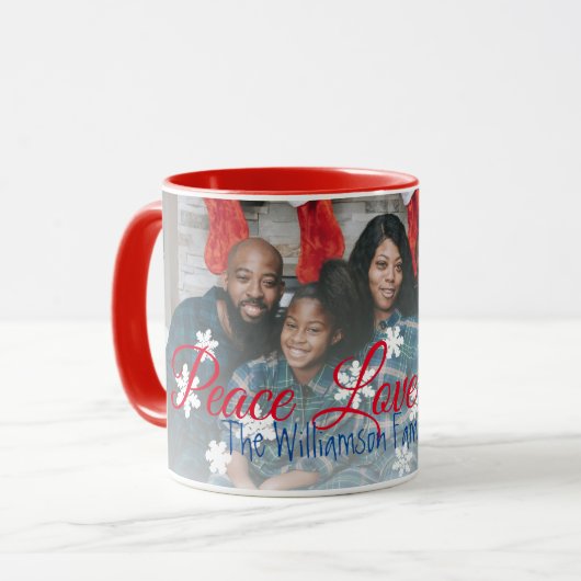 Peace Liebe Joy Family Foto Red White Snowflake Tasse (Vorderseite Links)