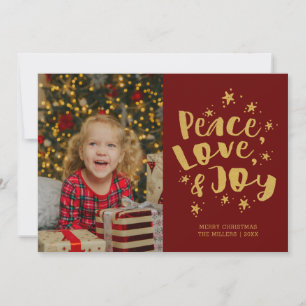 Peace Liebe Joy Foto Red Gold Weihnachtskarte Feiertagskarte