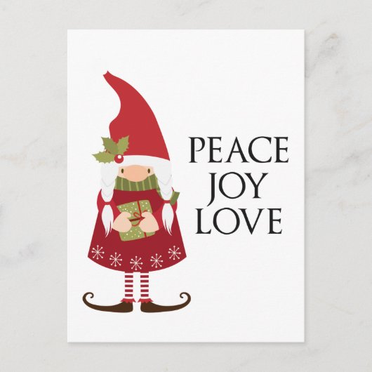 Peace Liebe Joy Girl Gnome Feiertagspostkarte (Vorderseite)