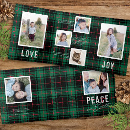 PEACE LIEBE JOY Green Tartan Holiday Foto Card Dreifach Gefaltete Einladung