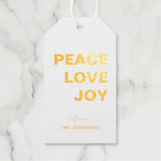 'Peace Liebe Joy' Holiday Goldfolie Geschenketiket Geschenkanhänger (Vorderseite)