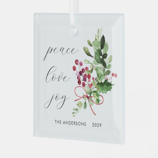 Peace Liebe Joy Holly Berry Red Ornament Aus Glas (Vorderseite links)
