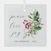 Peace Liebe Joy Holly Berry Red Ornament Aus Glas (Vorderseite)