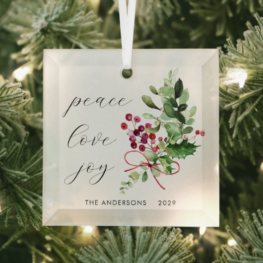 Peace Liebe Joy Holly Berry Red Ornament Aus Glas (Insitu)