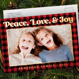 Peace Liebe & Joy Kariert Pattern Family Foto Folien Feiertagspostkarte
