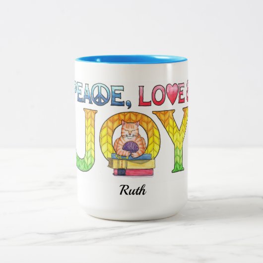 Peace Liebe Joy Knitting Kitty Personalisiert Zweifarbige Tasse (Mittel)