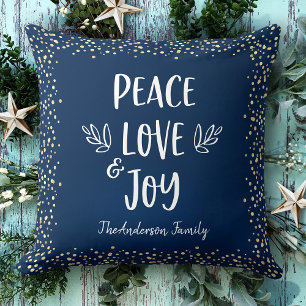 Peace Liebe Joy Modern Script Gold Dots Navy Name Kissen