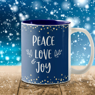 Peace Liebe Joy Modern Typografy Gold Dots Navy Zweifarbige Tasse