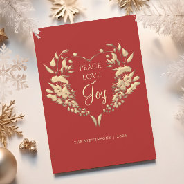 Peace Liebe Joy Red Gold Floral Christmas Feiertagskarte