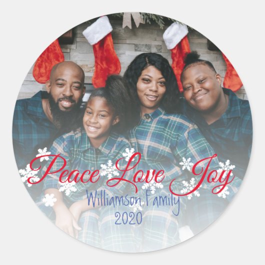 Peace Liebe Joy Red Script Ihr Foto Runder Aufkleber (Vorderseite)