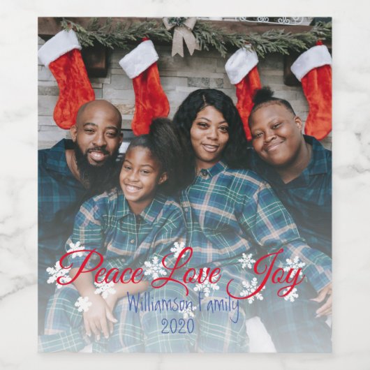 Peace Liebe Joy Red Script Ihr Foto Weinetikett (Einzelnes Label)