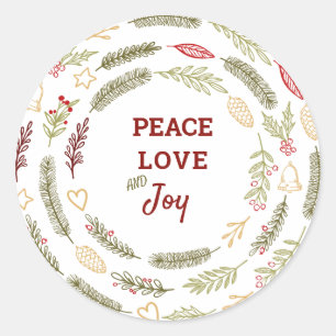 Peace Liebe Joy Simple Rustic Christmas Foliage Runder Aufkleber