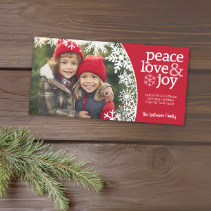 Peace Liebe Joy Snowflakes - Rotes weißes Foto Feiertagskarte