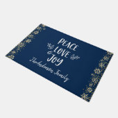 Peace Liebe Joy Snowflakes Typografie Navy Holiday Fußmatte (Schrägansicht)