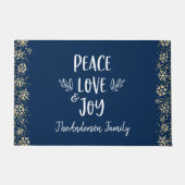 Peace Liebe Joy Snowflakes Typografie Navy Holiday Fußmatte (Vorderseite)