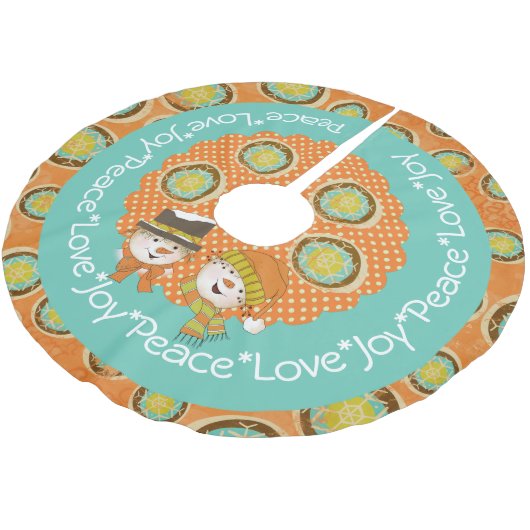 Peace Liebe Joy Snowmen Holiday Tree Skirt Polyester Weihnachtsbaumdecke (Schrägansicht)