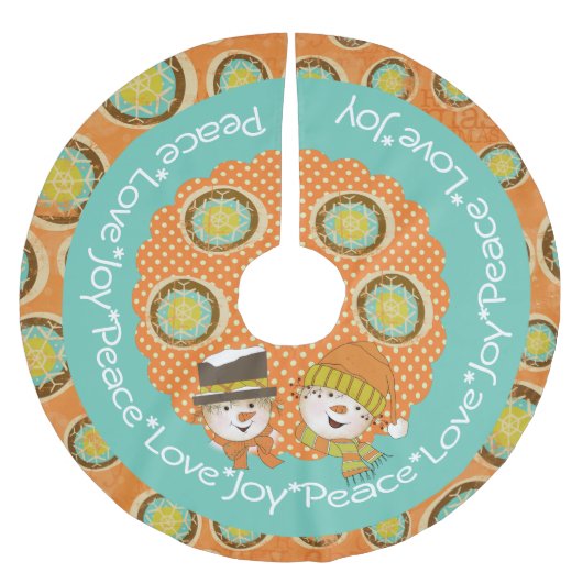 Peace Liebe Joy Snowmen Holiday Tree Skirt Polyester Weihnachtsbaumdecke (Vorderseite)