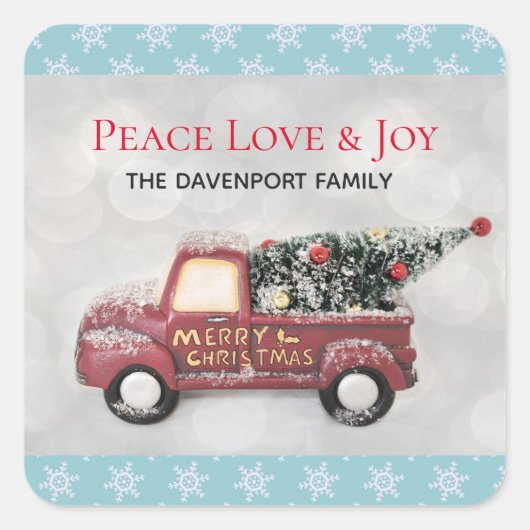 Peace Liebe & Joy Toy Truck Frohe Weihnachten Quadratischer Aufkleber (Vorderseite)