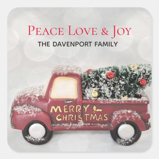 Peace Liebe & Joy Toy Truck Frohe Weihnachten Quadratischer Aufkleber (Vorderseite)