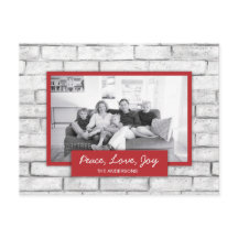 Peace Liebe Joy White Brick Wall Holiday Foto Card