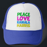 Peace Liebe Kamala Harris Truckerkappe<br><div class="desc">Die niedliche Peace Liebe Kamala Harris hat für einen progressiven Demokraten,  der lustige,  farbenfrohe politische Entwürfe Liebe. Wahl Kamala für den Präsidenten bei den Wahlen 2024. Ein lustiges,  liberales Design in hellen Farben.</div>