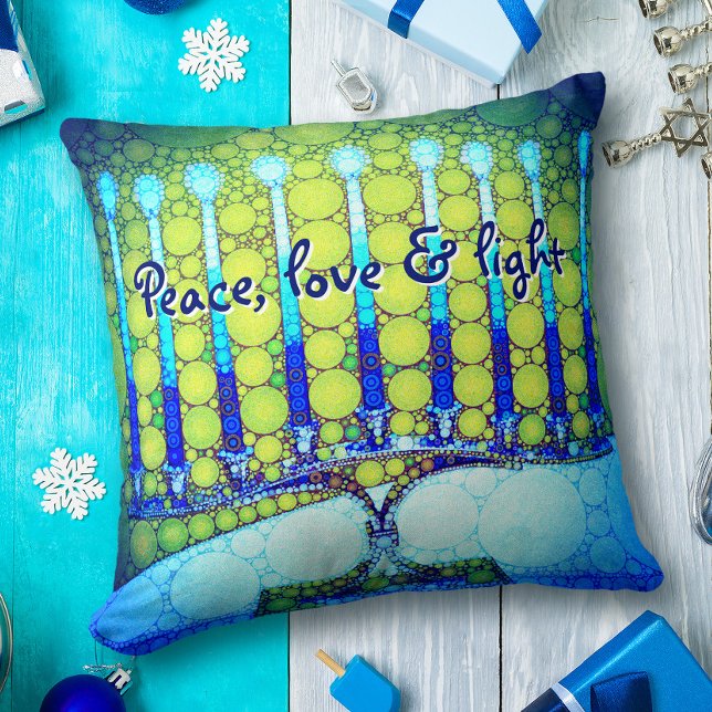 Peace Liebe Light Bold Blue Green Hanukkah Menorah Kissen (Von Creator hochgeladen)