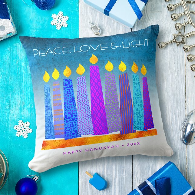 Peace Liebe Light Bold Hanukkah Candles Turquoise Kissen (Von Creator hochgeladen)