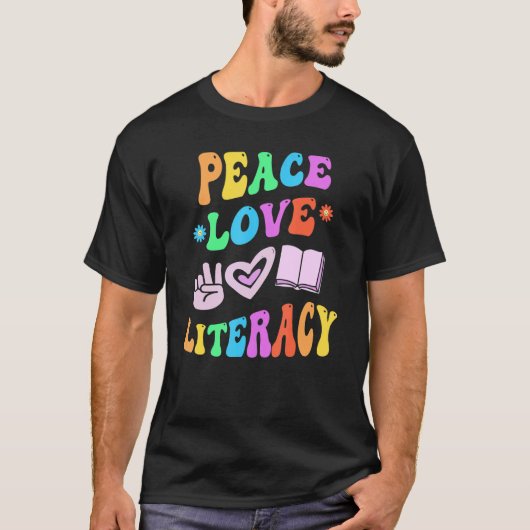 PEACE LIEBE LITERACY Retro Leser Groovy B T-Shirt (Vorderseite)