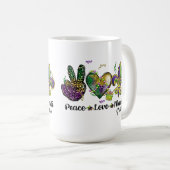 PEACE LIEBE MARDI GRAS LILA GOLD GREEN KAFFEETASSE (VorderseiteRechts)