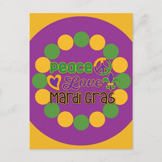 Peace Liebe Mardi Gras Lila Gold Postkarte (Vorderseite)
