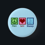 Peace Liebe Massage Therapie Button<br><div class="desc">Eine wunderschöne blaue Masseuse-Taste,  die Peace Liebe Massage für einen Therapeuten liest. Ein niedliches LMT Geschenk für jemanden,  der in der Massage-Therapie arbeitet.</div>