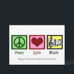 Peace Liebe Music Custom Band oder Chor Weihnachte Feiertagskarte<br><div class="desc">Wunderschöne Weihnachtskarte mit einem Friedenszeichen,  Herz,  einem Treppenkern und musikalischem Personal. Niedliche Peace Liebe Musik Urlaubskarten für Komponisten,  Banddirektoren oder Chordirigenten.</div>