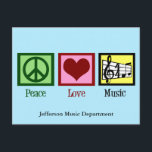 Peace Liebe Music Custom Postkarte<br><div class="desc">Schöne musikalische Postkarte für eine Musikschule mit einem Friedenszeichen,  Herz,  einem Treppenklepp und Musikteam. Coole PEACE LIEBE MUSIC Weihnachtsgeschenk für einen Komponisten,  Band Regisseur oder Chordirigenten.</div>
