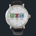 Peace Liebe Niedliches Schwimmteam Armbanduhr<br><div class="desc">Liebe Schwimmuhr. Dieses niedliche Weihnachtsschwimmengeschenk besticht durch ein Friedensschild,  ein Herz und einen Schwimmer bei einem Schwimmen. Coole Schwimmteam-Trainer Armbanduhr anwesend.</div>