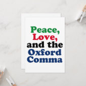 Peace Liebe Oxford Comma English Grammar Spaß Karte (Vorderseite/Rückseite Beispiel)