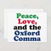 Peace Liebe Oxford Comma English Grammar Spaß Postkarte (Vorne/Hinten)