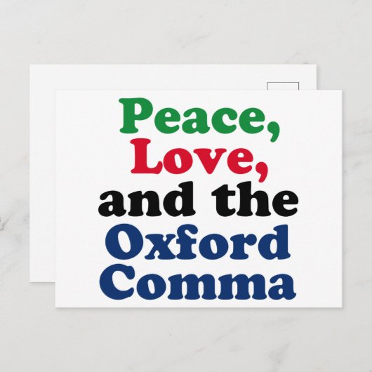 Peace Liebe Oxford Comma English Grammar Spaß Postkarte (Vorne/Hinten)