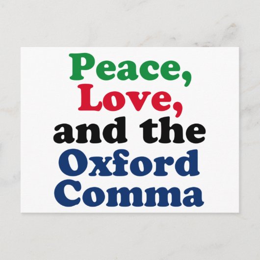 Peace Liebe Oxford Comma English Grammar Spaß Postkarte (Vorderseite)