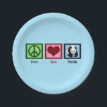 Peace Liebe Pandas Pappteller<br><div class="desc">Ein hübsches grünes Friedenszeichen,  ein rotes Herz und ein schöner Panda in einem blauen Platz. Ich Liebe Panda Bären auf niedlichen Zoo-Tellern für eine Safari-Thema Geburtstagsparty.</div>