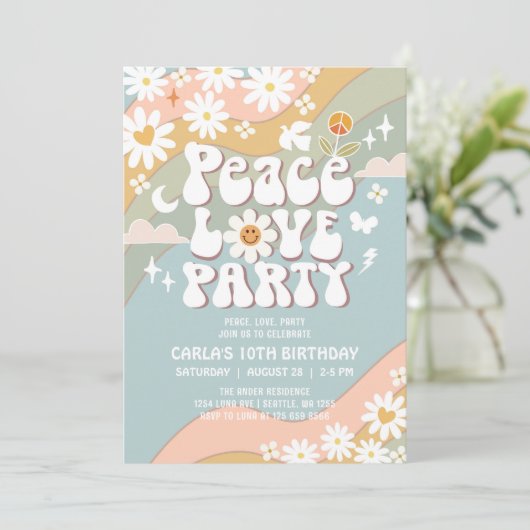 Peace Liebe Party Daisy Hippie 70er Birthday Einladung (Stehend Vorderseite)
